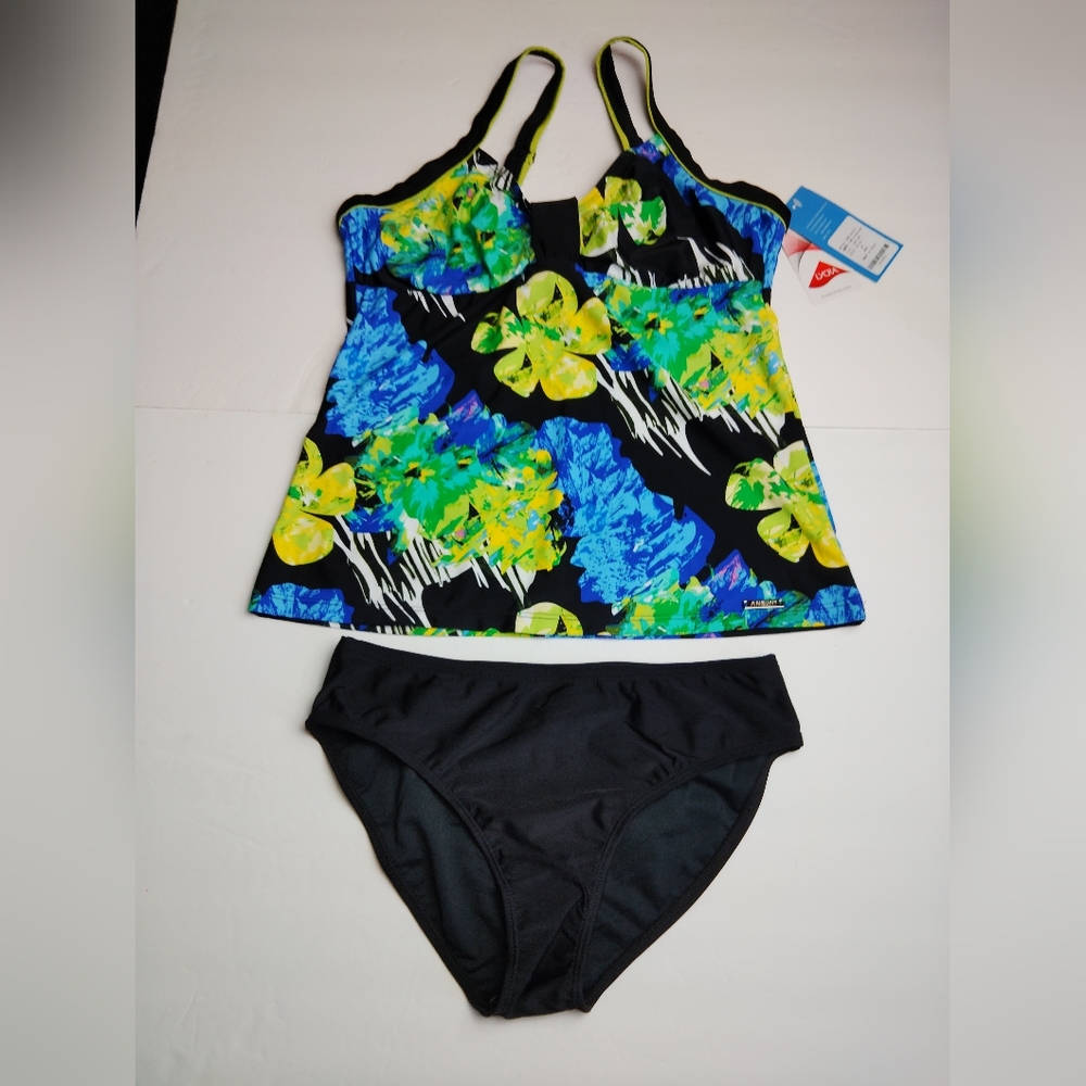 Anzoni Tankini Two Piece Tropical Black, Yellow Blue ~ Women's Size Medium (NWT)
